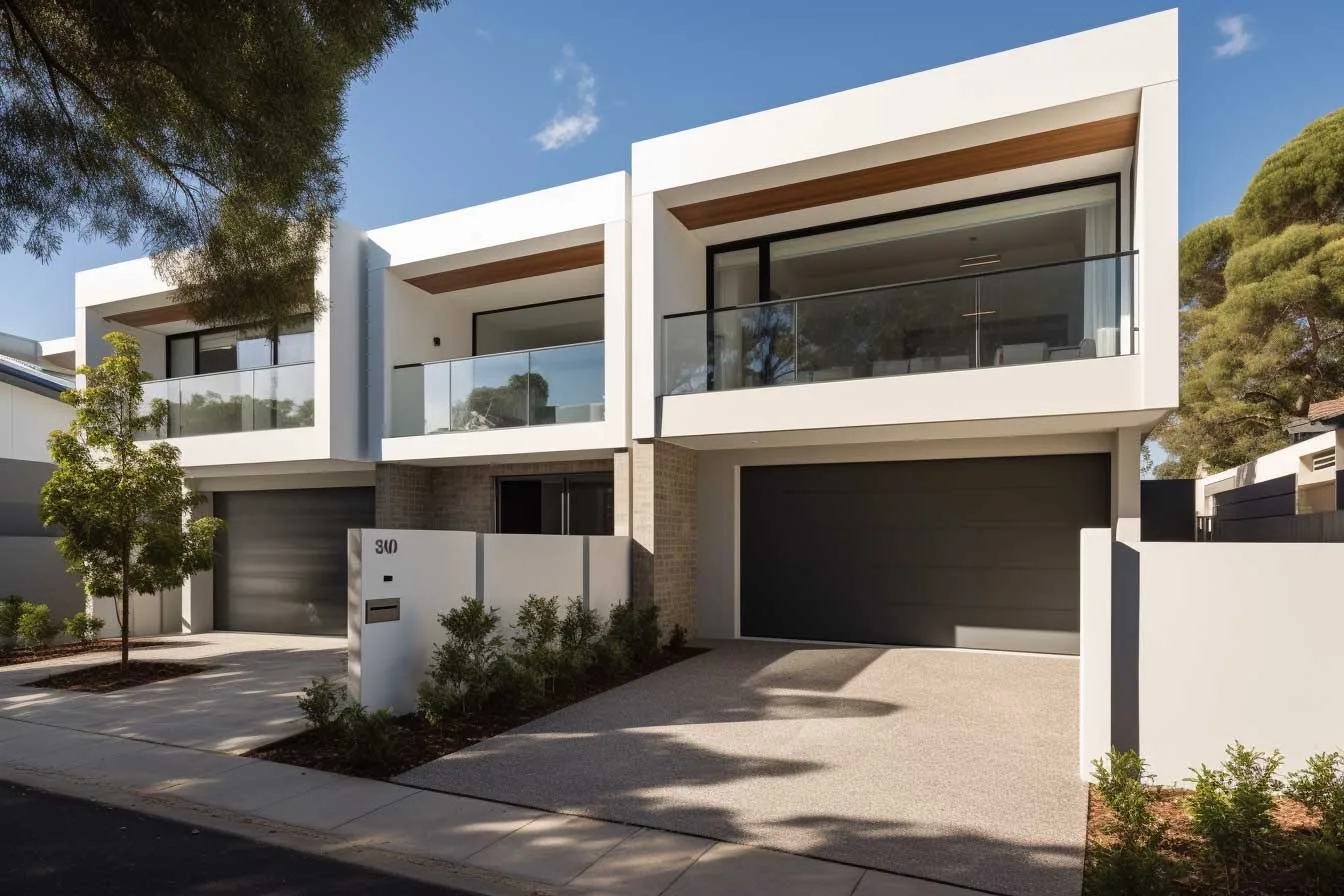 A row of white houses with a driveway