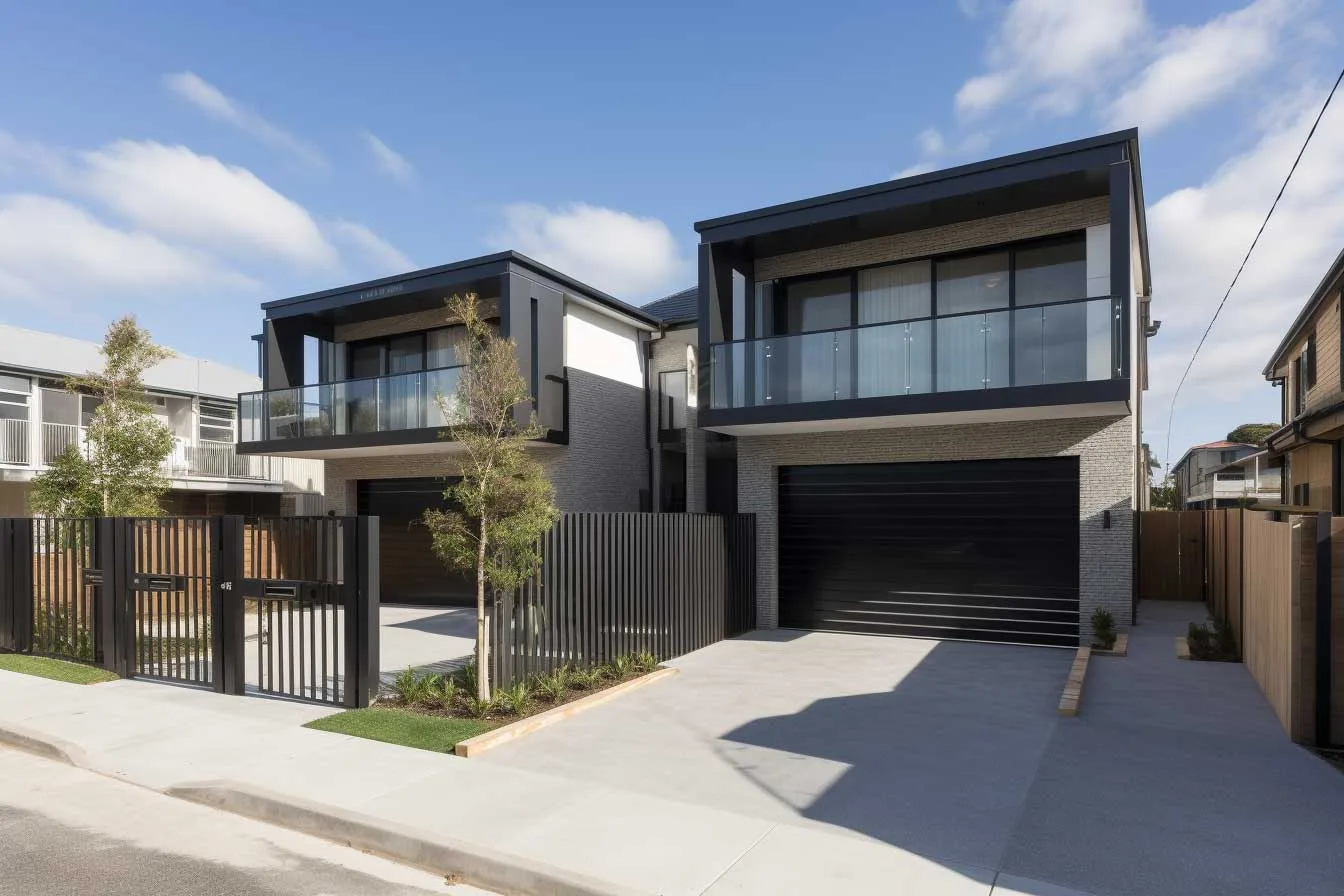 A row of black houses with a driveway