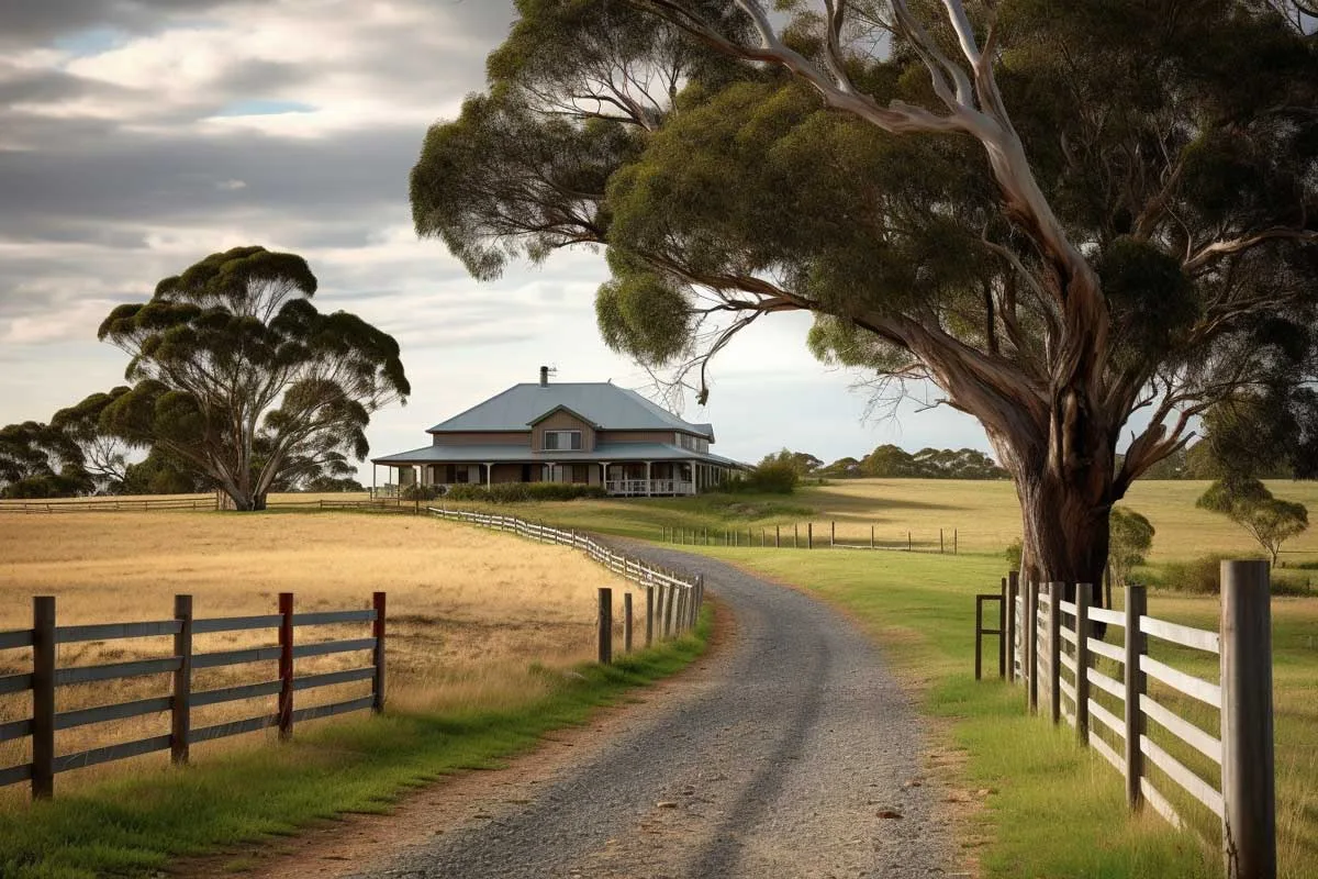 A farm house with driveway and trees