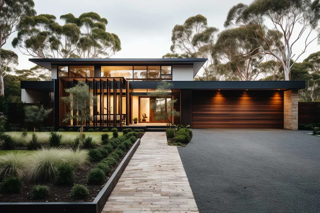 A brown and black house with a driveway and trees