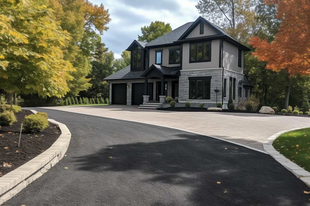 A gray house with driveway and trees