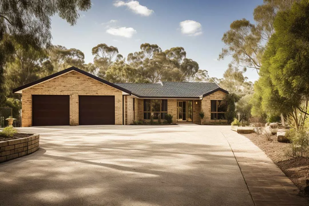 A brown house with a driveway and trees