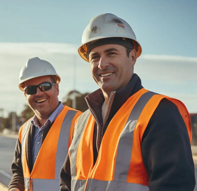 Team of construction workers wearing hard hats and hi-vis vests