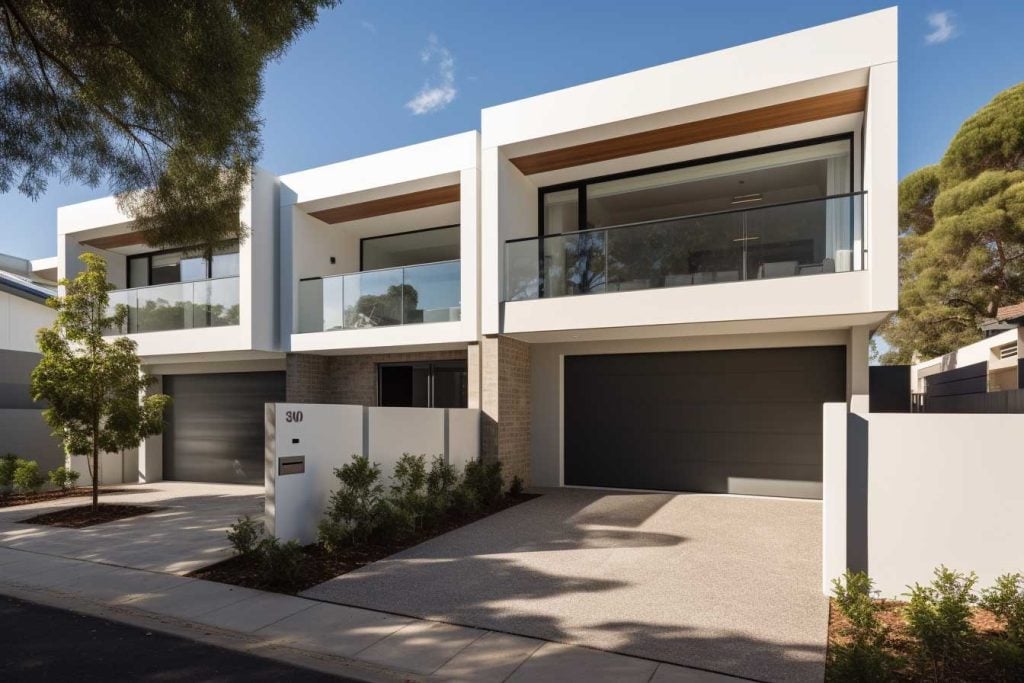 a row of white houses with a driveway