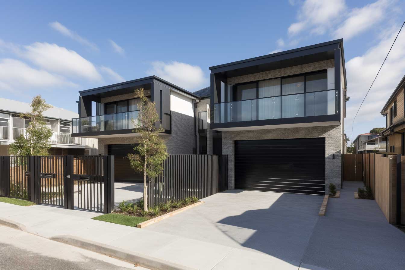 a row of black houses with a driveway