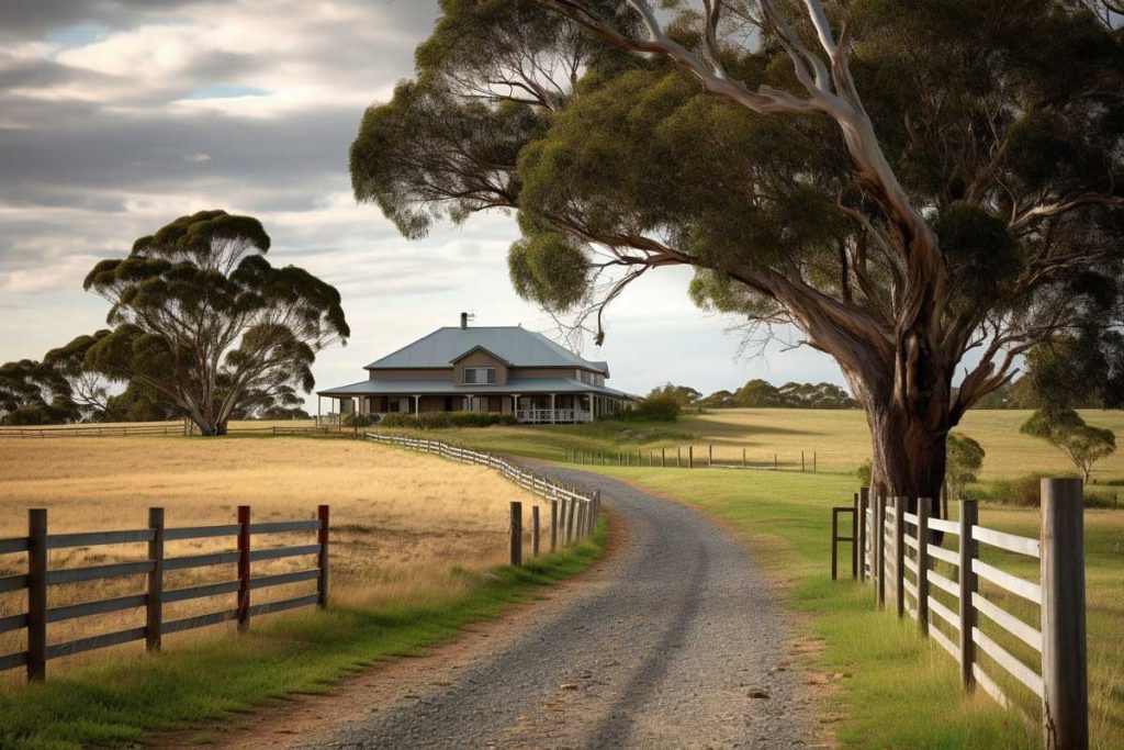 a farm house with driveway and trees